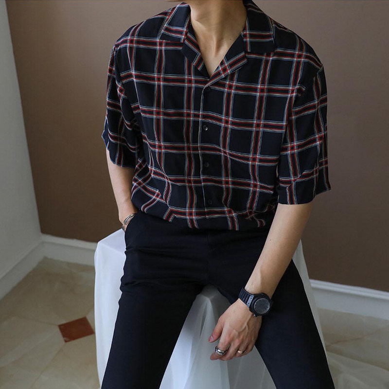 夏季ulzzang垂感格子短袖衬衫男韩版衬衣网红中袖上衣C57-P40，男装衬衫，四季星座713