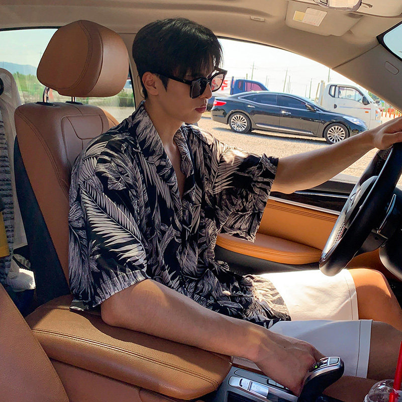 夏季夏威夷冰爽垂感树叶短袖衬衫男古巴领宽松海边衬衣CT288-P45，男装衬衫，四季星座713