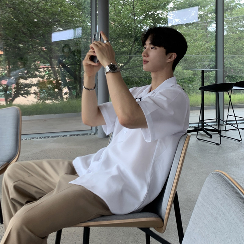 夏季气质冰爽垂感短袖衬衫男韩版宽松古巴领海边衬衫CT50-P45，男装衬衫，四季星座713