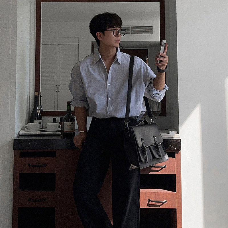 秋季ulzzang高级感竖条纹长袖衬衫男韩版宽松ins潮衬衣FC117-P55，男装衬衫，四季星座713