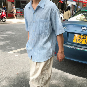 夏季海边薄款冰丝条纹褶皱短袖衬衫男韩版宽松痞帅衬衣CT113-P45图片