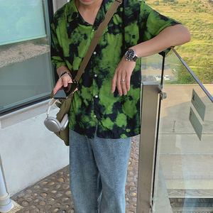 夏季帅气扎染垂感夏威夷短袖衬衫男古巴领宽松海边衬衣CT211-P45图片