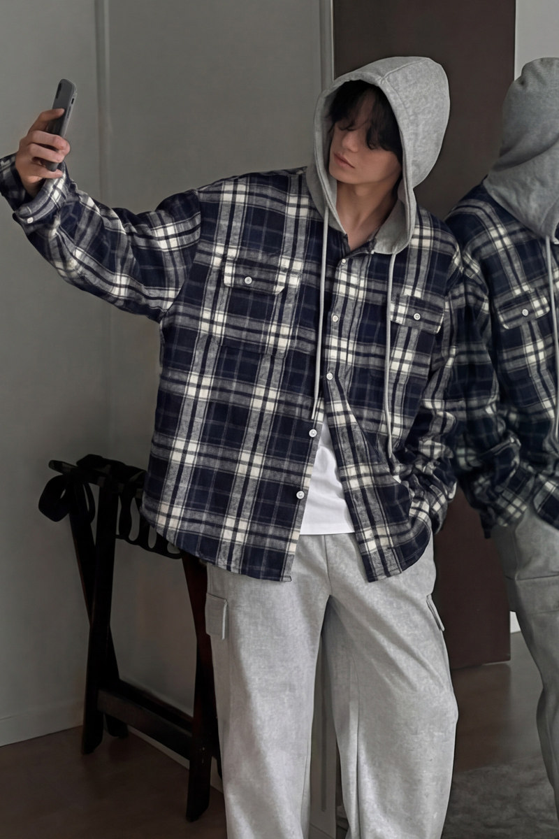 春oversize高品质韩格子连帽长袖衬衫男韩版宽松衬衣CT111-P65,男装衬衫,四季星座713