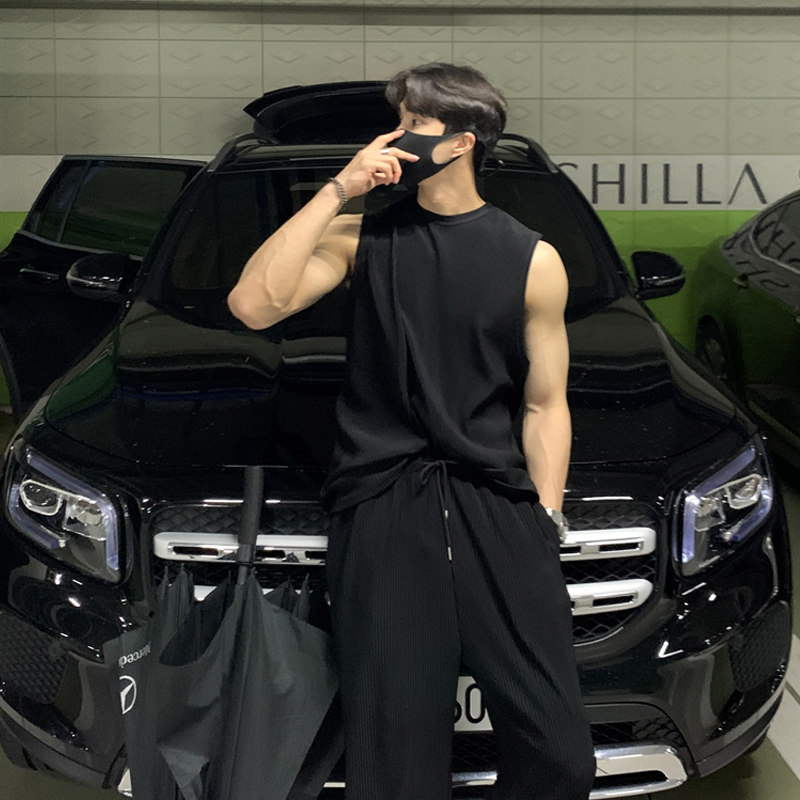 夏季垂感两件套运动短袖T恤套装韩版背心男运动裤长裤一套V01-P85，男装T恤，四季星座713