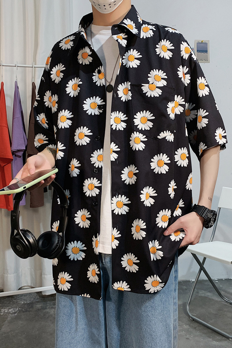 夏季清爽小雏菊短袖衬衫男韩版宽松凉爽情侣衬衣碎花薄*C205,男装衬衫,四季星座713