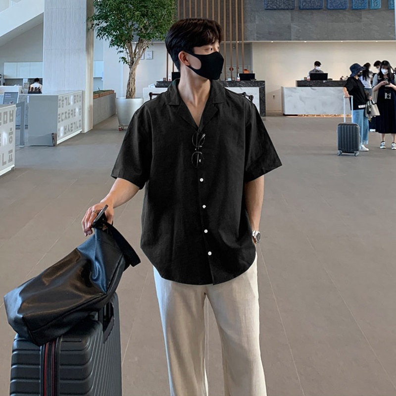 春夏帅气冰爽垂感古巴领短袖衬衫男韩版宽松休闲衬衣潮CT05-P45，男装衬衫，四季星座713