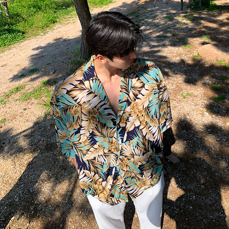 夏季高级感夏威夷垂感碎花短袖衬衫男宽松海边衬衣CT277-P45，男装衬衫，四季星座713