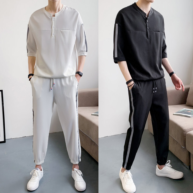 夏季反光夜光短袖衬衫男两件套衬衣套装帅气9分裤一套CC17-P105,男装衬衫,四季星座713