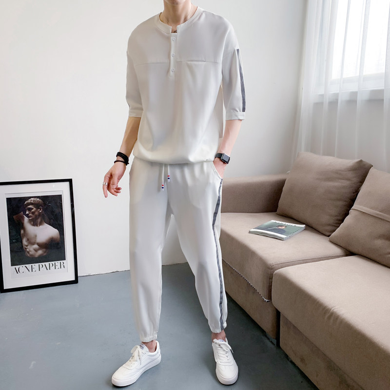 夏季反光夜光短袖衬衫男两件套衬衣套装帅气9分裤一套CC17-P105,男装衬衫,四季星座713