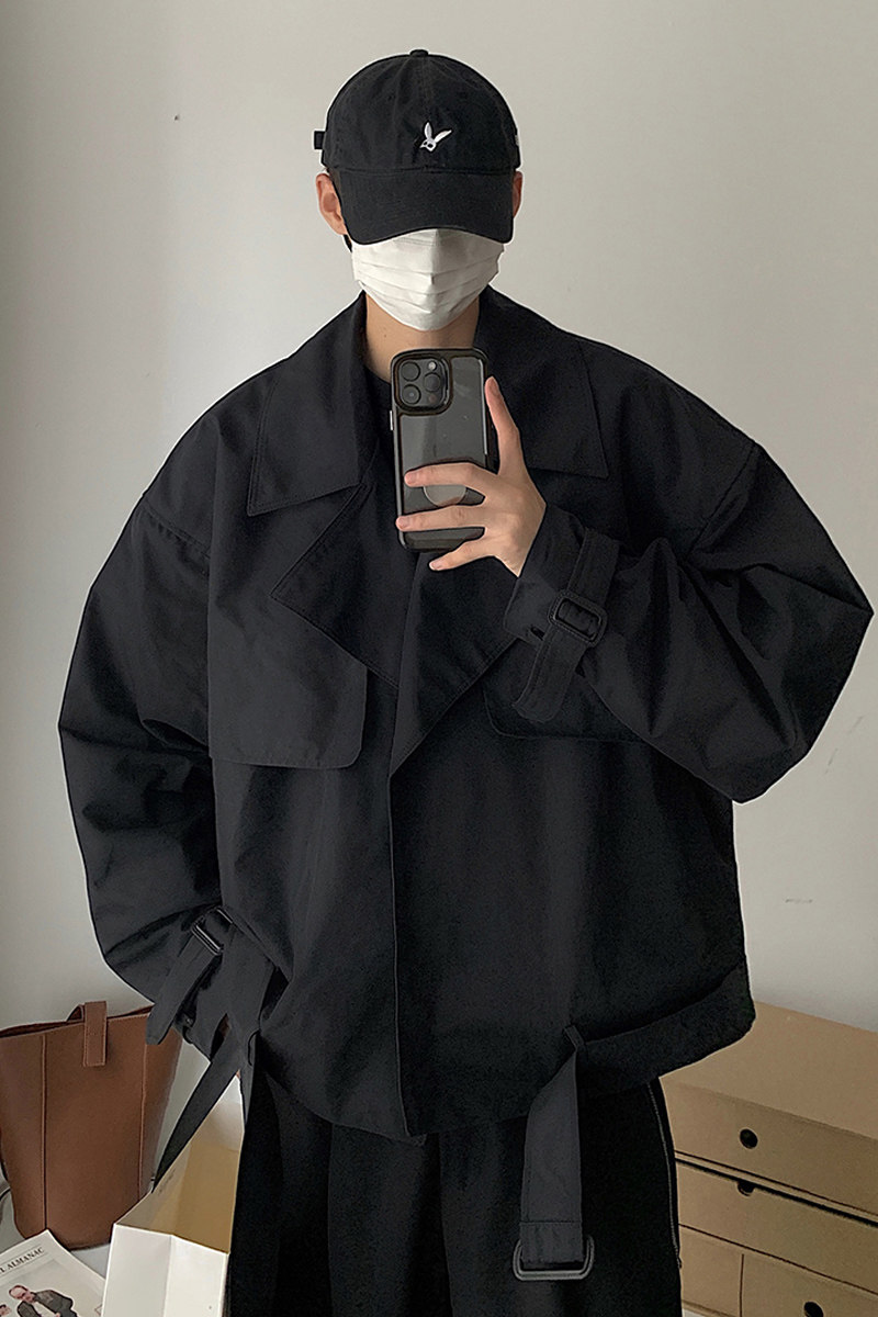 秋季个性短款夹克男韩版翻领宽松潮流系腰带ins风衣外套FK811-P95,男装夹克,四季星座713