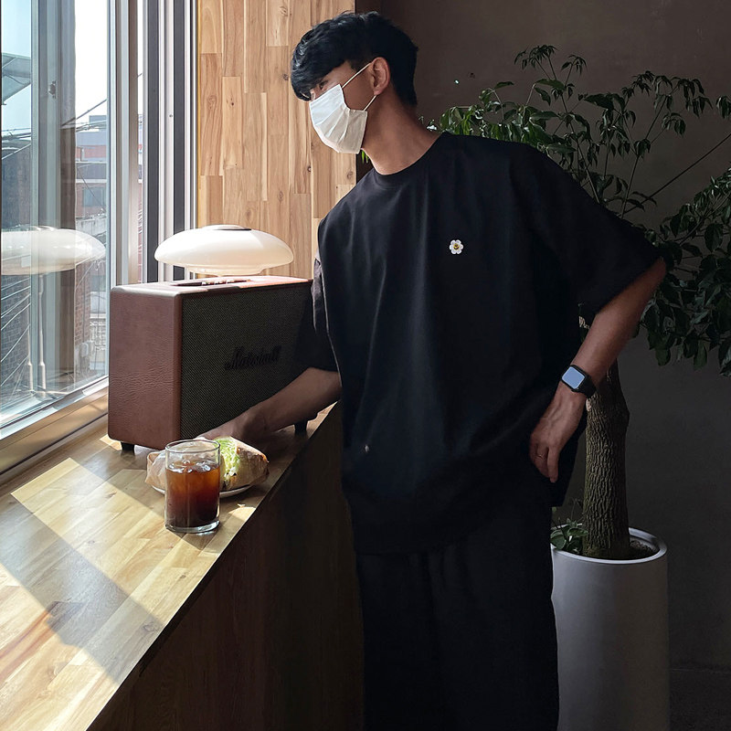 夏季气质笑脸刺绣短袖T恤男韩版宽松休闲潮落肩打底衫CT85-P35图片
