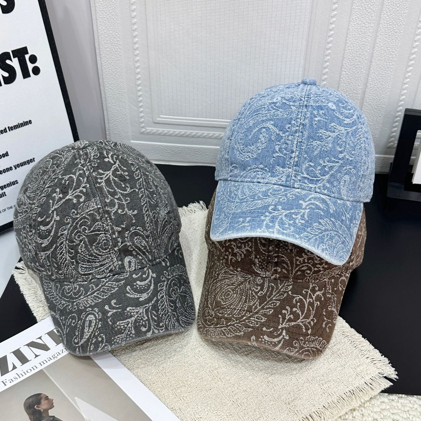 复古印花牛仔鸭舌帽秋季显脸小