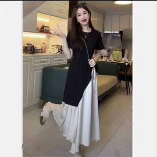 大码 胖mm宽松显瘦绝美独特裙子 法式 气质撞色拼接t恤连衣裙女夏季