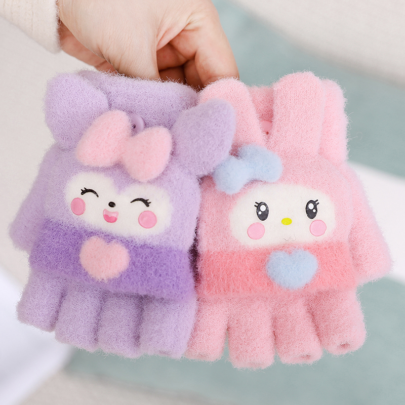 2025冬季儿童保暖手套男女童加厚翻盖五指半指毛线可爱女孩手指套