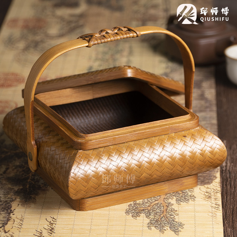 竹编便携手提茶具收纳篮方形盒