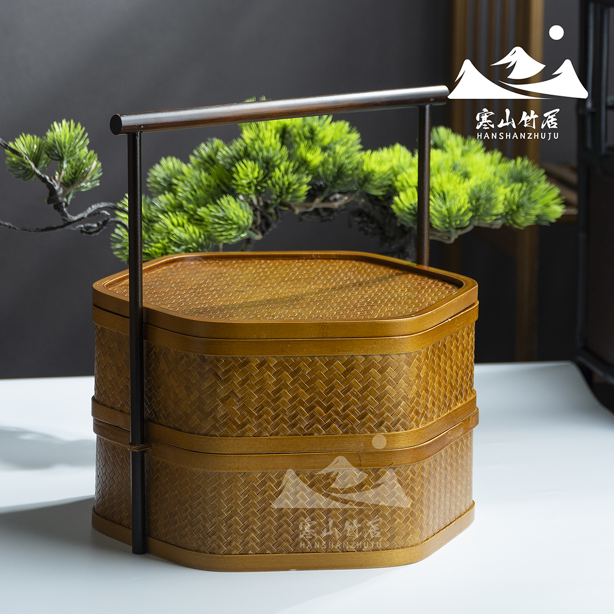 竹编六边形双层复古手提盒收纳盒