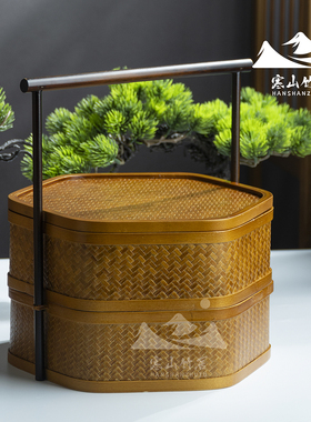 邱师傅竹木TH002纯手工编织竹编六边形双层复古手提盒食品收纳盒