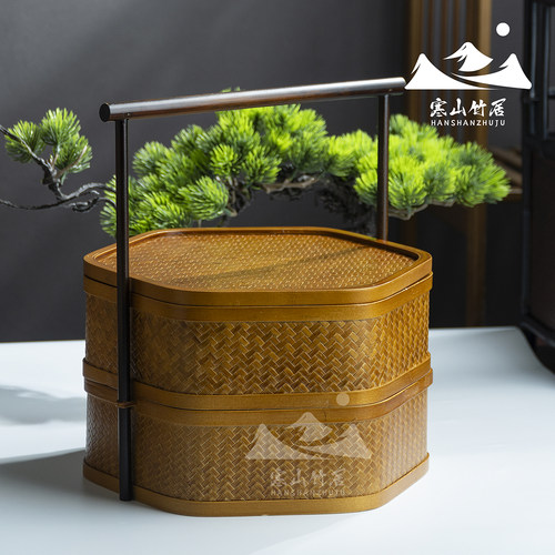 竹编六边形双层复古手提盒收纳盒