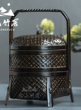 邱峰竹编邱师傅竹木TH004纯手工编织大漆四脚双层小提盒复古提篮