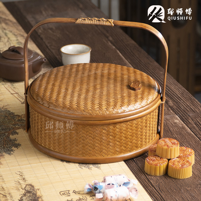 邱师傅竹木竹编手复古提篮结婚提篮食品篮月饼礼品篮茶具收纳篮子
