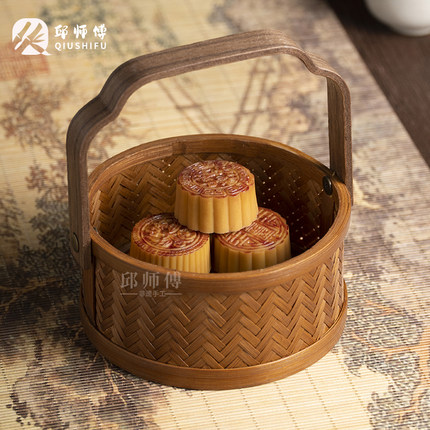 邱师傅竹木竹编手提篮迷你提篮水果篮红篮月饼礼品篮鸡蛋收纳篮子