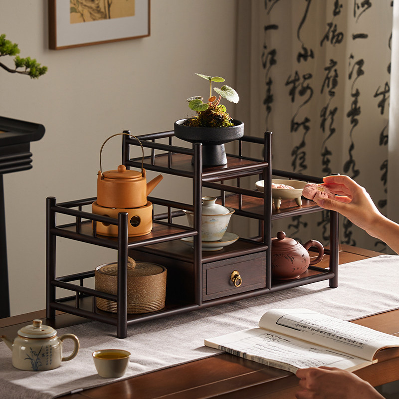 邱师傅竹木小型博古架茶桌边茶器配件储物架中式复古置物架茶杯架