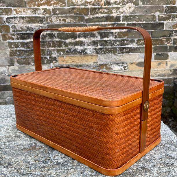 邱师傅竹木TH006拐柄隔层手提盒子手工复古中式长方形果篮水果篮