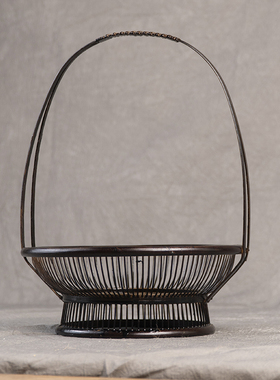 邱师傅竹木tl032手工编织高脚提篮花篮茶具收纳筐圆形收纳蓝