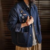 复古刺绣徽章牛仔夹克重磅水洗翻领休闲外套男秋冬季 马登工装 美式