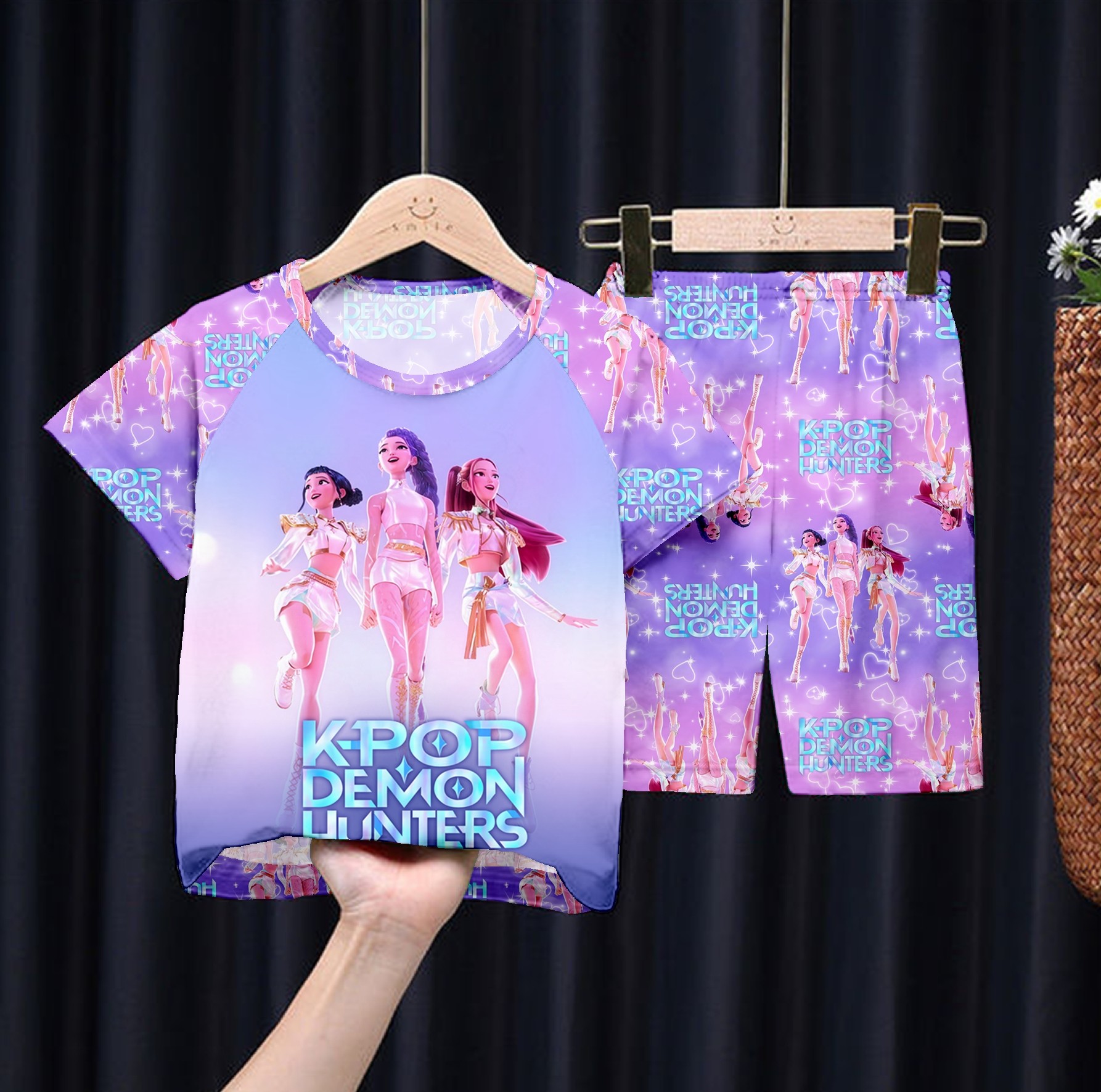 跨境批发儿童睡衣男夏季中大童短袖短裤家居服卡通KPOP女团童套装
