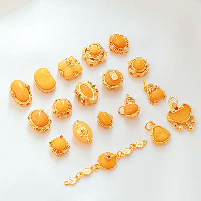 强保色24K铜包金镶蜜蜡吊坠隔珠