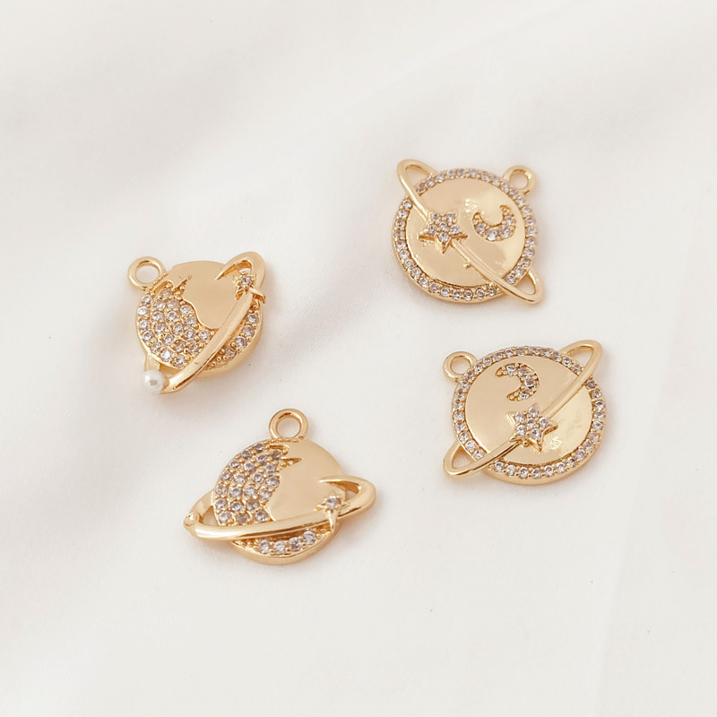 14K铜镀真金保色微镶锆石星星月亮宇宙星球吊坠DIY首饰项坠耳坠