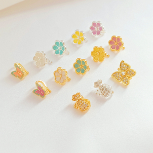 18K包金保色镶锆蝴蝶钱袋珐琅花朵收尾扣手工diy手链项链夹扣配件