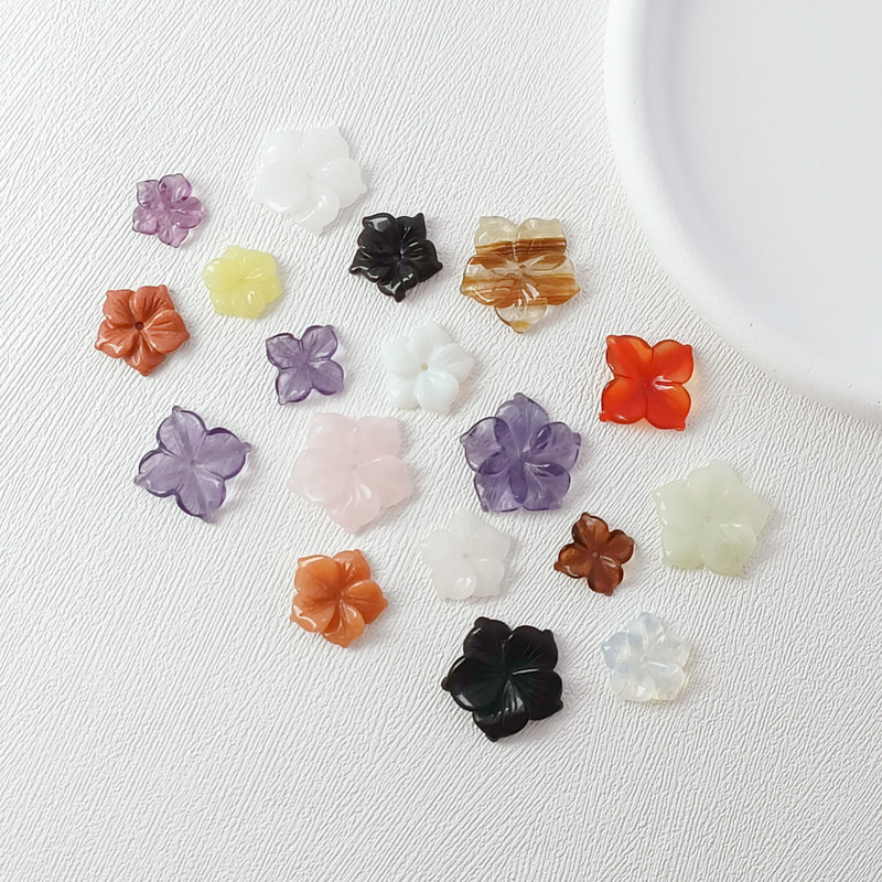 天然原石玛瑙粉晶五花瓣立体雕刻件半成品发簪发饰手工DIY饰品