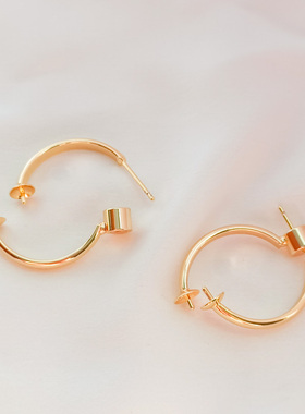 保色配件14K包金C形带托盘针粘珍珠S925银耳针耳堵带托盘手工配饰