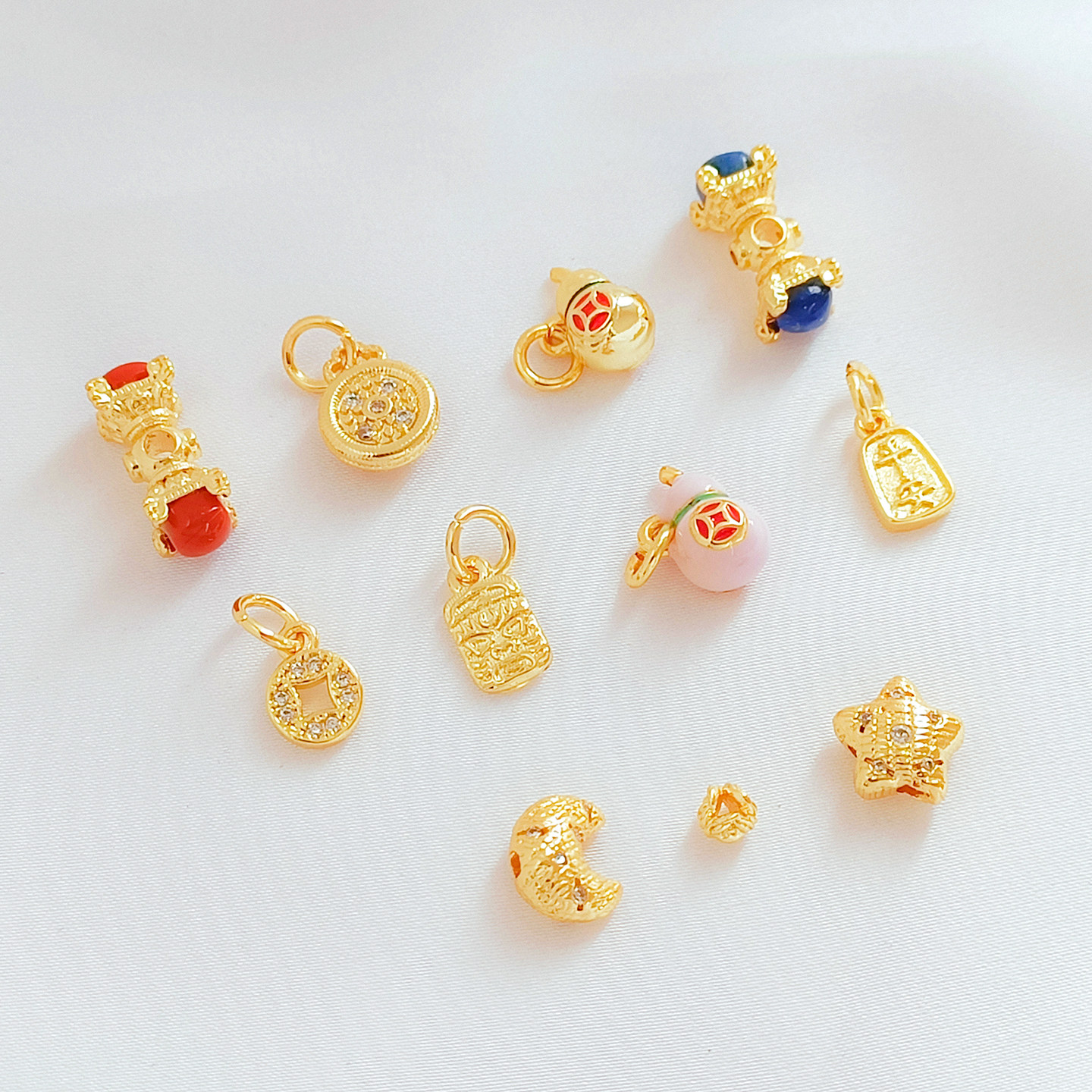 18K包金保色铜钱葫芦吊坠DIY手工月亮星星金刚杵隔珠串珠配件材料