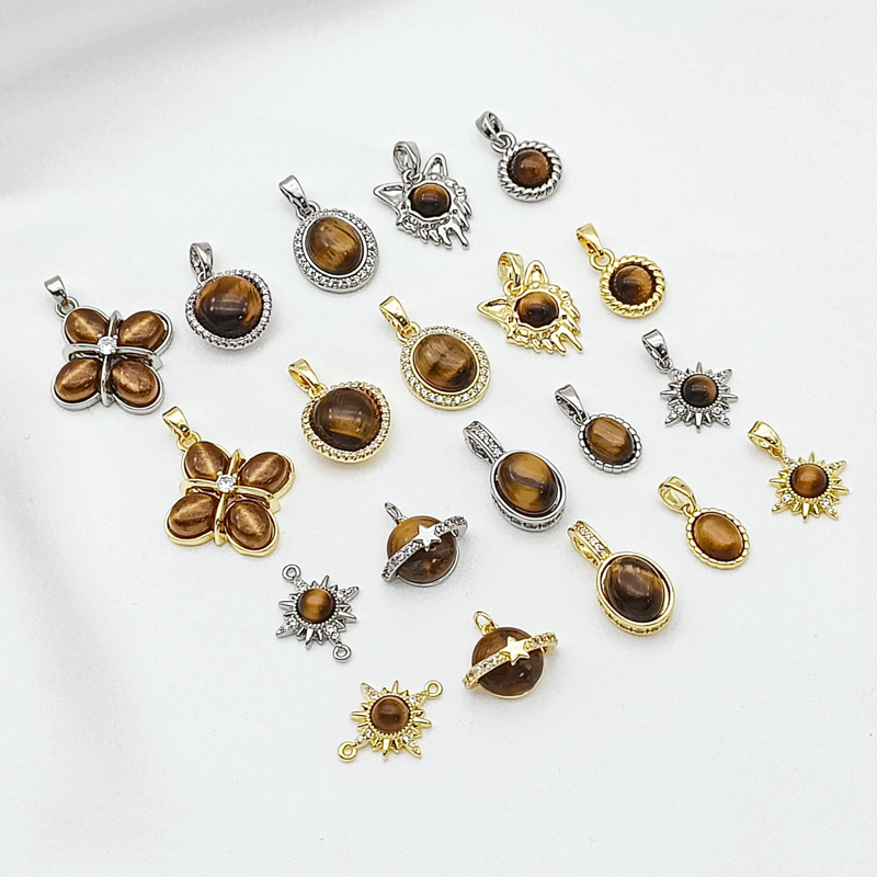 强保色18K包金白K虎眼石几何吊坠