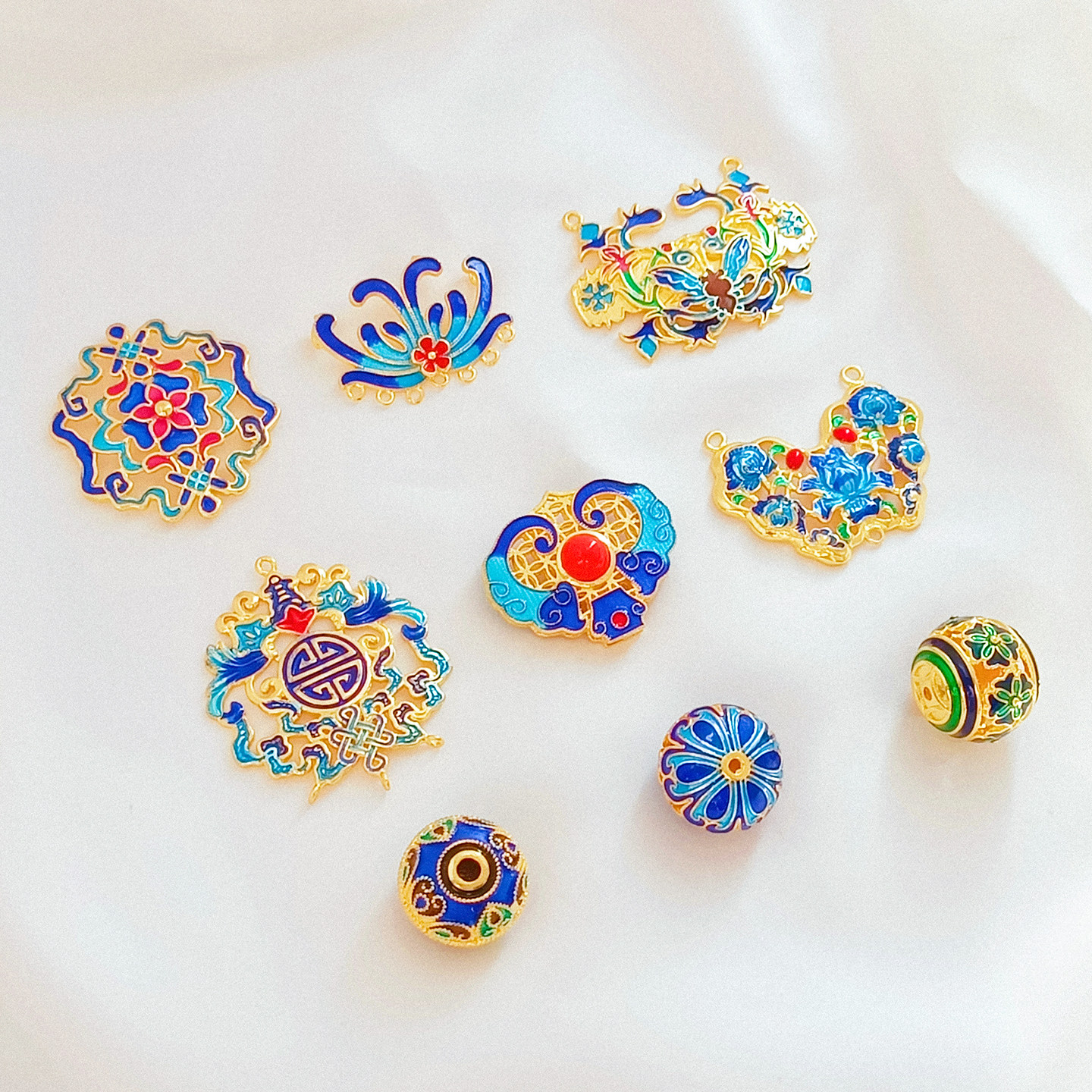 18K包金保色景泰蓝珐琅莲花发冠镂空球DIY配件适用蓝色头饰配件