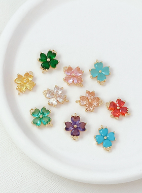 14K包金保色微镶彩锆水晶四叶草双吊手链项链DIY饰品配件耳环吊饰