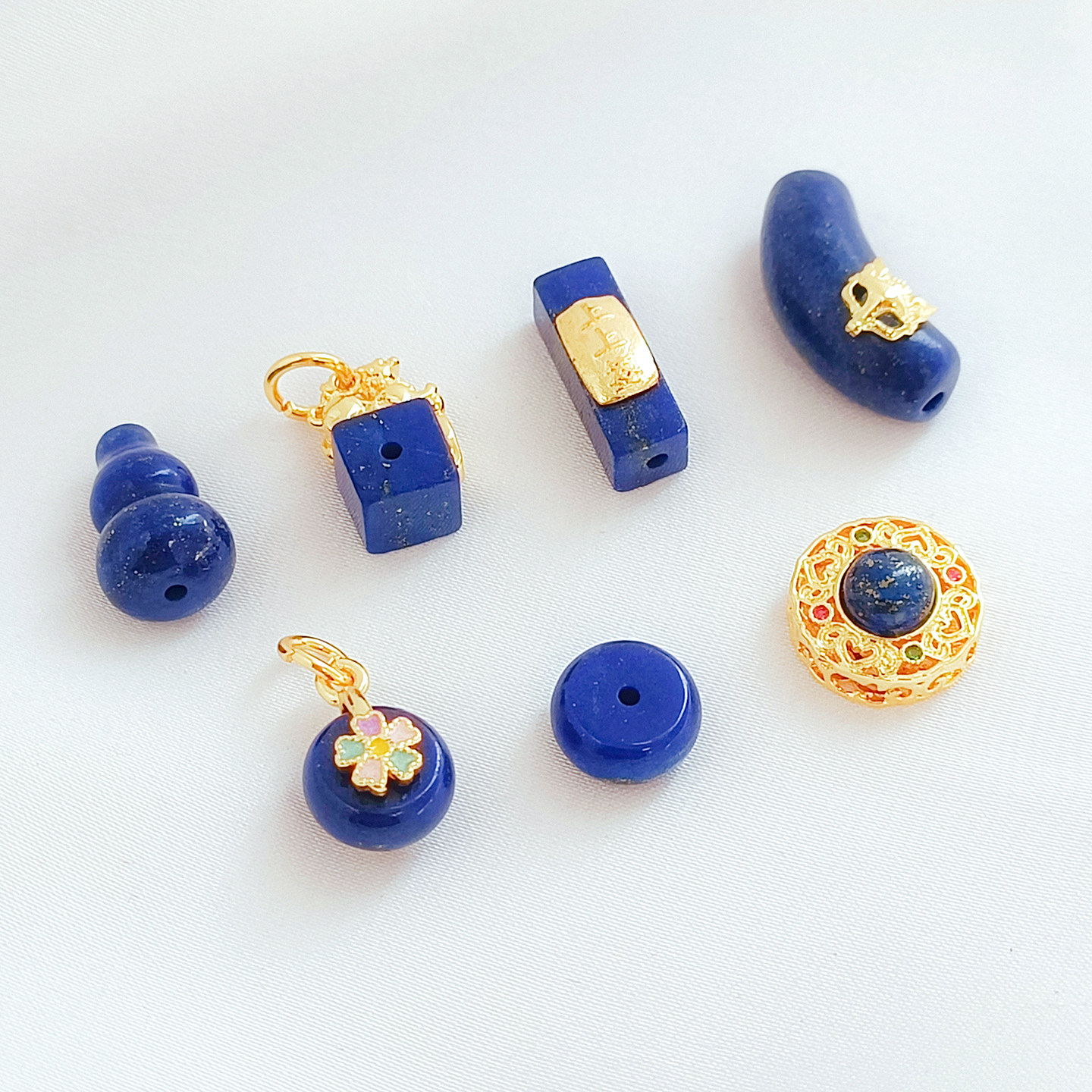 天然青金石18K包金首饰隔珠DIY配件蓝色串珠吊坠手工饰品制作材料