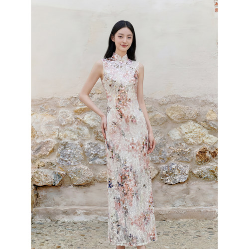 人间蜉蝣 鱼戏花火长款旗袍新中式亮片无袖连衣裙女夏季显瘦修身