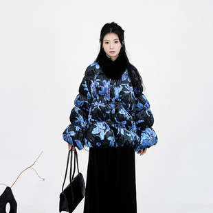 人间蜉蝣 上衣女 既白岚兮系列蓝兮鸢抽皱设计羽绒服丝绒面料短款