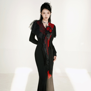 人间蜉蝣 伯爵玫瑰· 红黑叙事曲立体手工花朵连衣裙秋季出游长裙