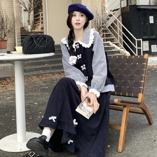 大码女装胖mm秋冬新款宽松遮肉显瘦复古风马甲甜美减龄灯芯绒套装