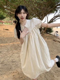 连衣裙 大码 女装 微胖mm夏季 日系复古宽松遮肉显瘦格子娃娃领泡泡袖