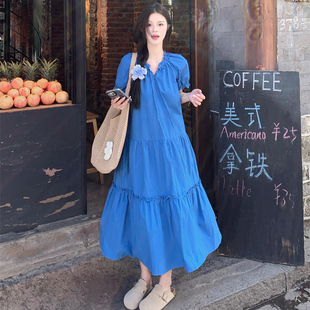 微胖mm宽松遮肉减龄显瘦泡泡袖 大码 新款 女装 a字木耳边连衣裙 夏季