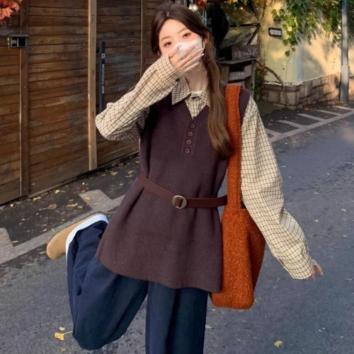 大码女装初秋针织马甲格子三件套