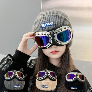 儿童帽子秋冬季套头帽男女童保暖毛线帽宝宝护耳针织帽滑雪帽眼镜