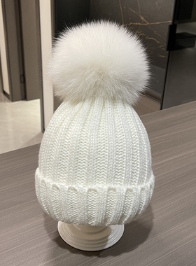 儿童帽子冬季新年红色狐狸毛球男女童加绒保暖毛线帽亲子套头帽潮