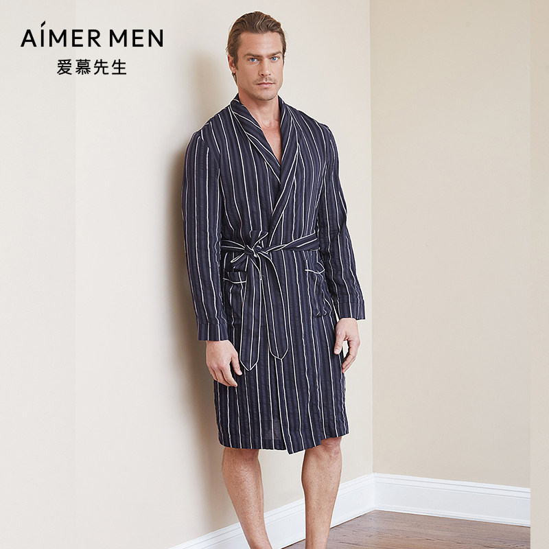爱慕先生褶皱条纹棉家居长袍家居服男春秋NS44C041